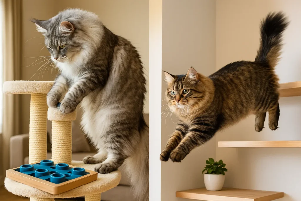 Maine Coon and Siberian Cat are playing